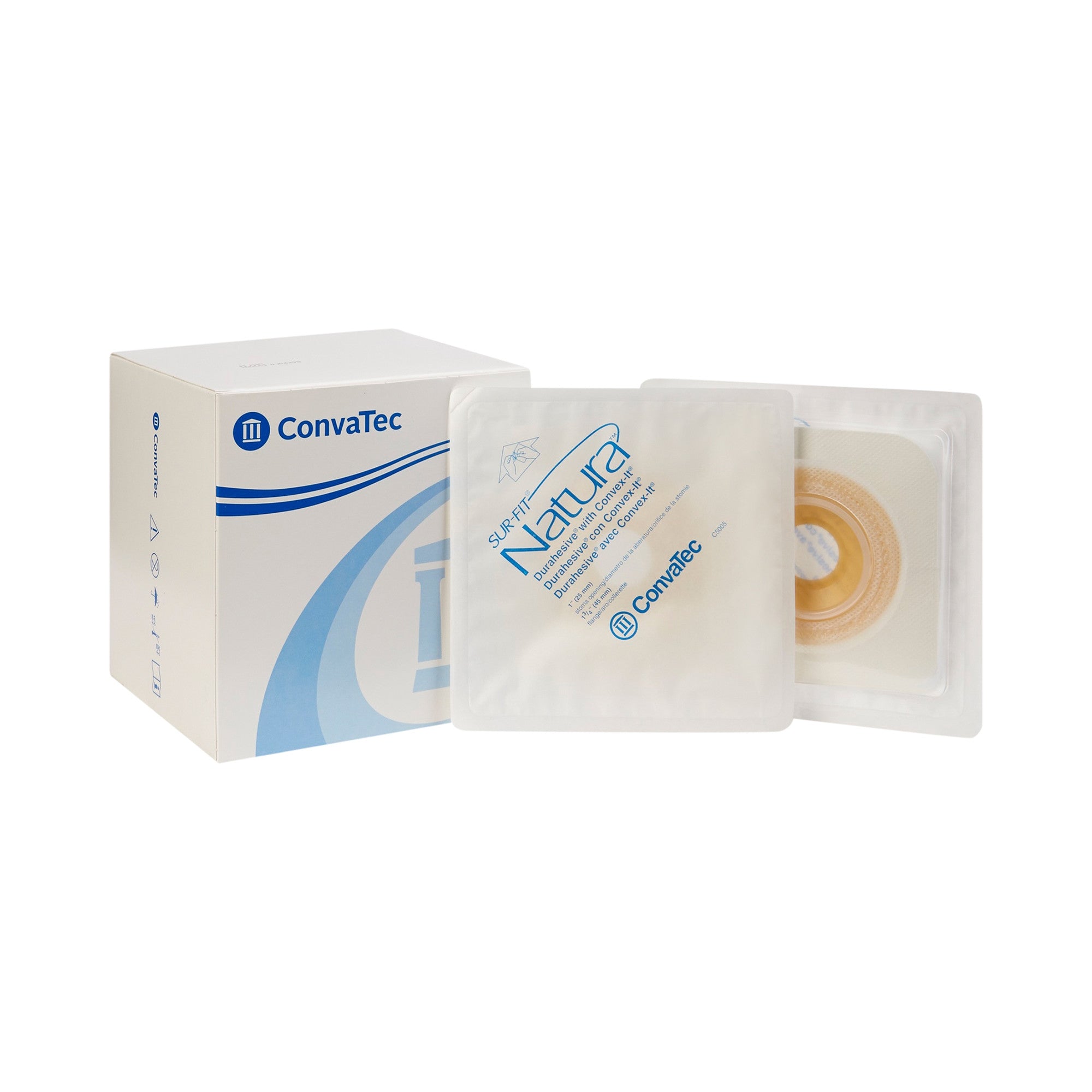 465473 - Sur-Fit Natura - Ostomy Barrier Sur-Fit Natura Precut, Extended Wear Durahesive White Tape 45 mm Flange Sur-Fit Natura System Hydrocolloid 1 Inch Opening 4-1/2 x 4-1/2 Inch 413181 Box of 10, (BX)