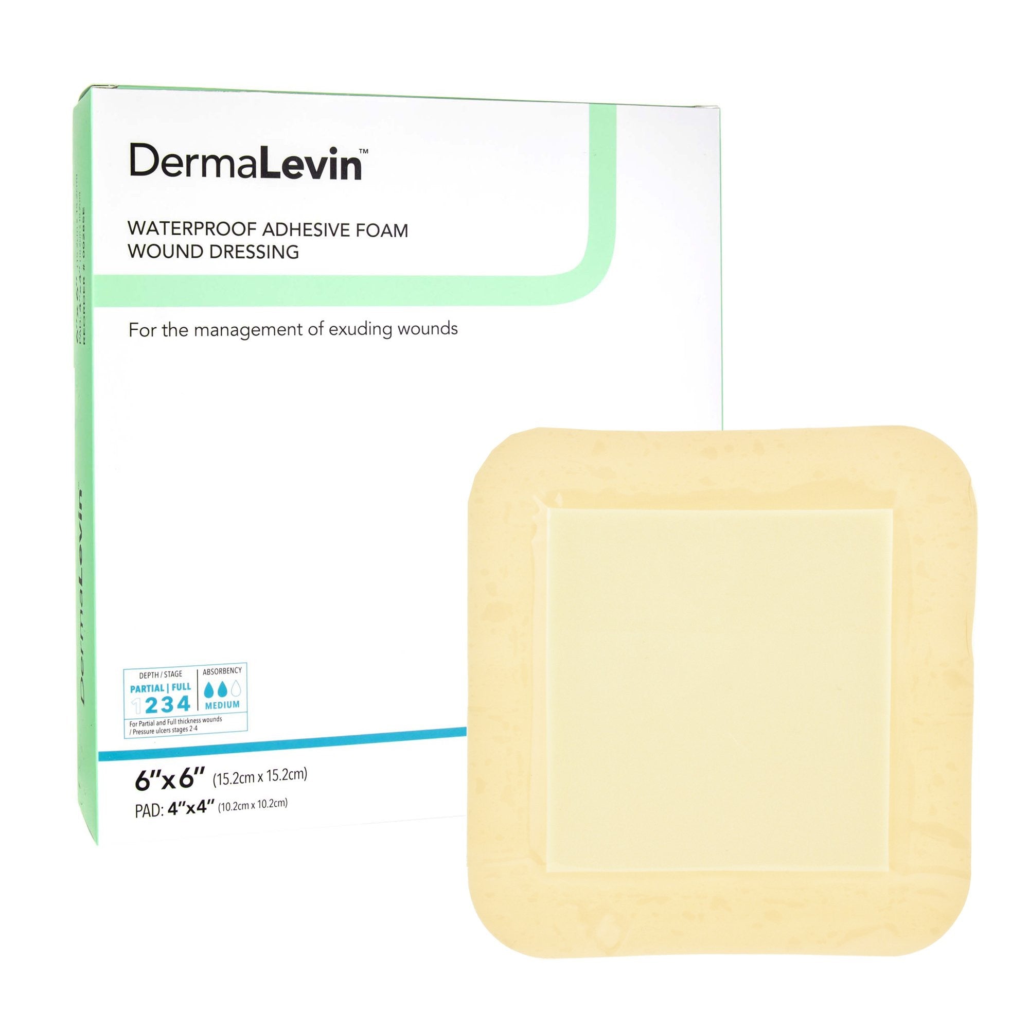 584140 - Derma - DermaLevin Foam Dressing 6 X 6 Inch With Border Waterproof Backing Hydrocolloid Adhesive Square Sterile, 00285E, Pack of 1, (EA)