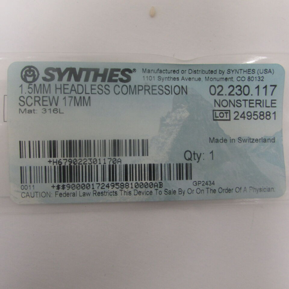 02.230.117 - SYNTHES - 1.5mm headless compression screw 17mm, () - ( Expiry Date: EACH )