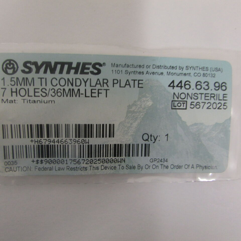 446.63.96 - SYNTHES - 1.5mm ti condylar plate 7 holes/36mmleft, () - ( Expiry Date: EACH )