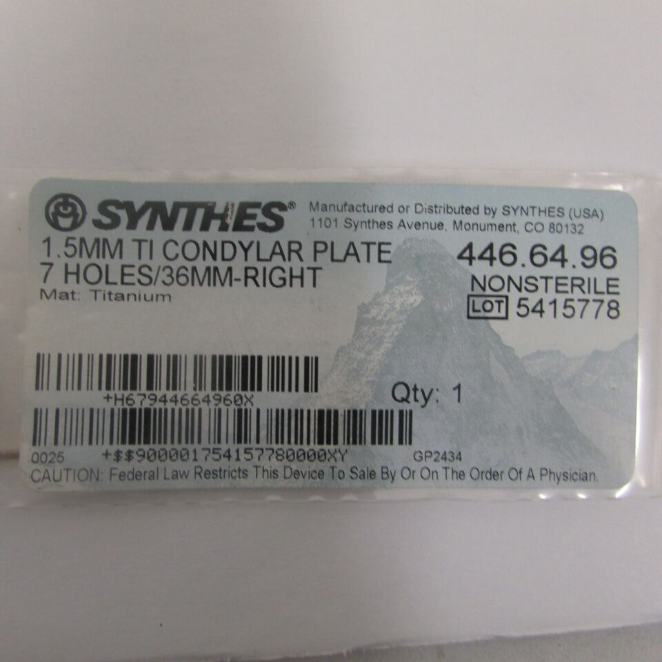 446.64.96 - SYNTHES - 1.5mm ti condylar plate 7 holes/36mmright, () - ( Expiry Date: EACH )
