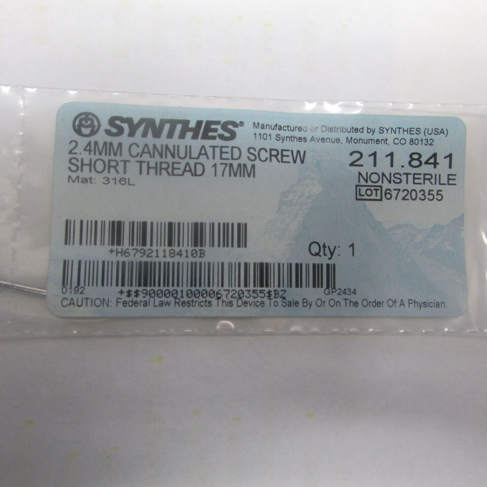 211.841 - SYNTHES - 2.4mm cannulated screw short thread 17mm, () - ( Expiry Date: EACH )