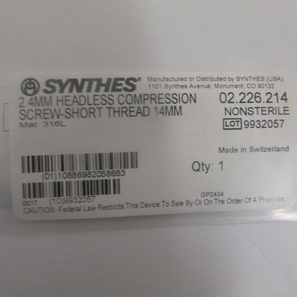 02.226.214 - SYNTHES - 2.4mm headless compression screw-short thread 14mm, () - ( Expiry Date: EACH )