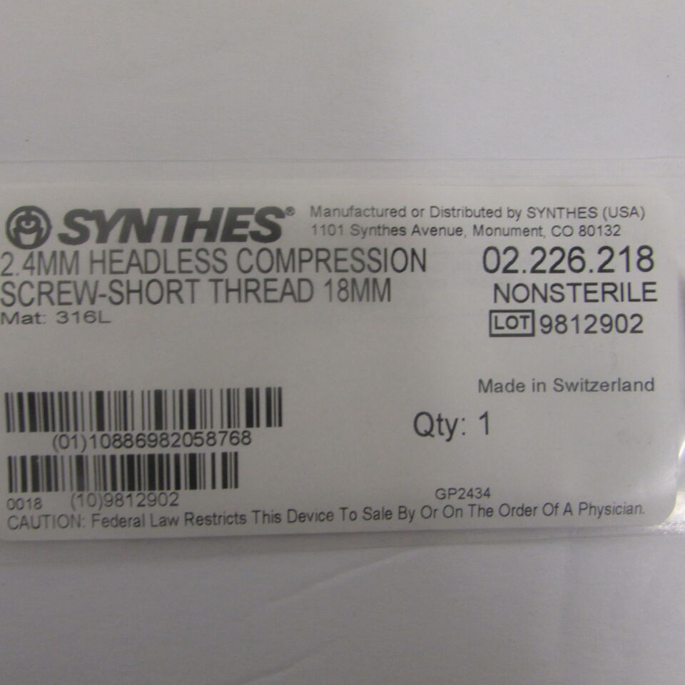 02.226.218 - SYNTHES - 2.4mm headless compression screw-short thread 18mm, () - ( Expiry Date: EACH )