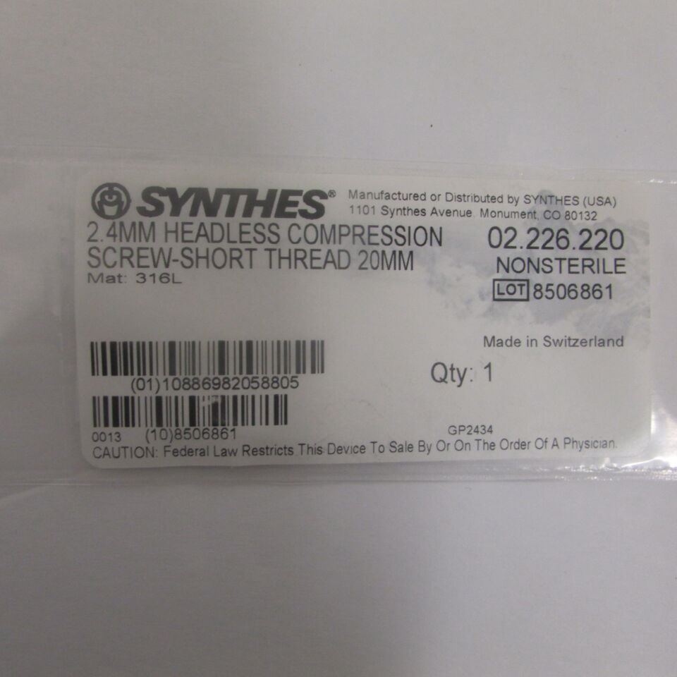 02.226.220 - SYNTHES - 2.4mm headless compression screw-short thread 20mm, () - ( Expiry Date: EACH )