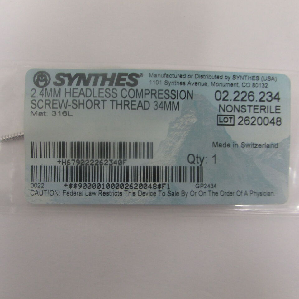 02.226.234 - SYNTHES - 2.4mm headless compression screw-short thread 34mm, () - ( Expiry Date: EACH )