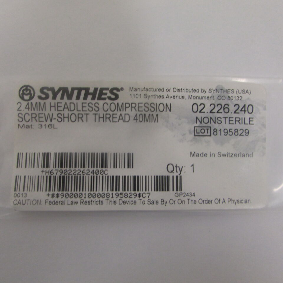 02.226.240 - SYNTHES - 2.4mm headless compression screw-short thread 40mm, () - ( Expiry Date: EACH )
