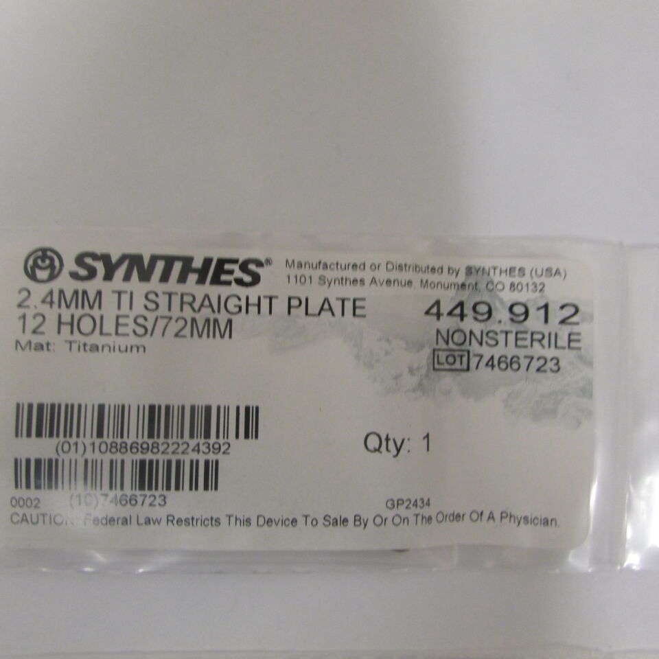 449.912 - SYNTHES - 2.4mm ti straight plate 12 holes/72mm, () - ( Expiry Date: EACH )