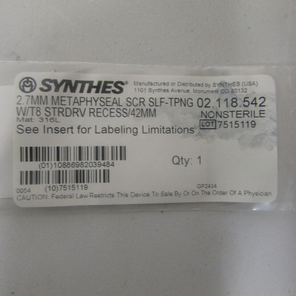 02.118.542 - SYNTHES - 2.7mm metaphyseal scr slf-tpng w/t8 strdrv recess/42mm, () - ( Expiry Date: EACH )
