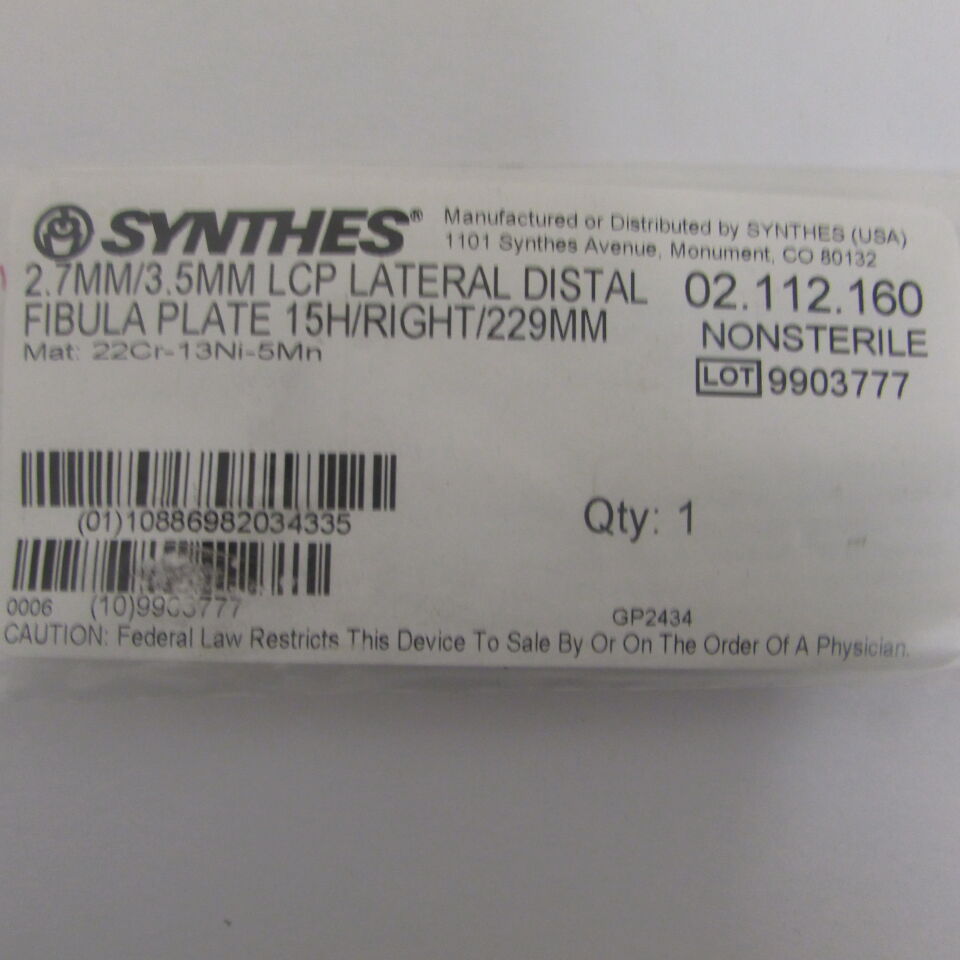 02.112.160 - SYNTHES - 2.7mm/3.5mm lcp lateral distal fibula plate 15h/right/229mm, () - ( Expiry Date: EACH )