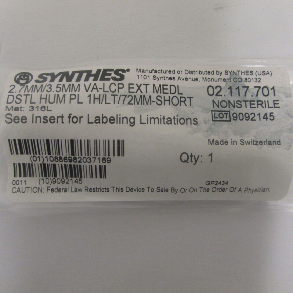 02.117.701 - SYNTHES - 2.7mm/3.5mm va-lcp ext medl dstl hum pl 1h/lt/72mm-short, () - ( Expiry Date: EACH )