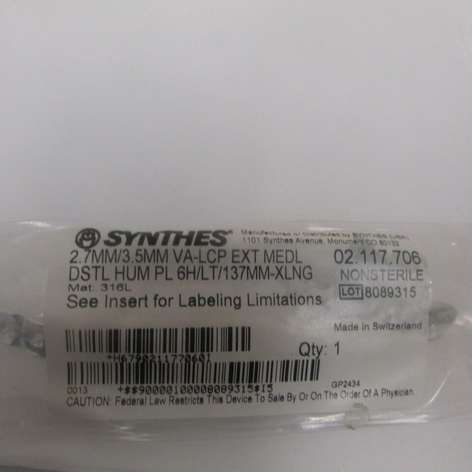 02.117.706 - SYNTHES - 2.7mm/3.5mm va-lcp ext medl dstl hum pl 6h/lt/137mm-xlng, () - ( Expiry Date: EACH )