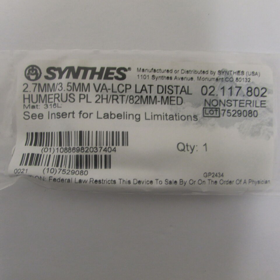 02.117.802 - SYNTHES - 2.7mm/3.5mm va-lcp lat distal humerus pl 2h/rt/82mm-med, () - ( Expiry Date: EACH )