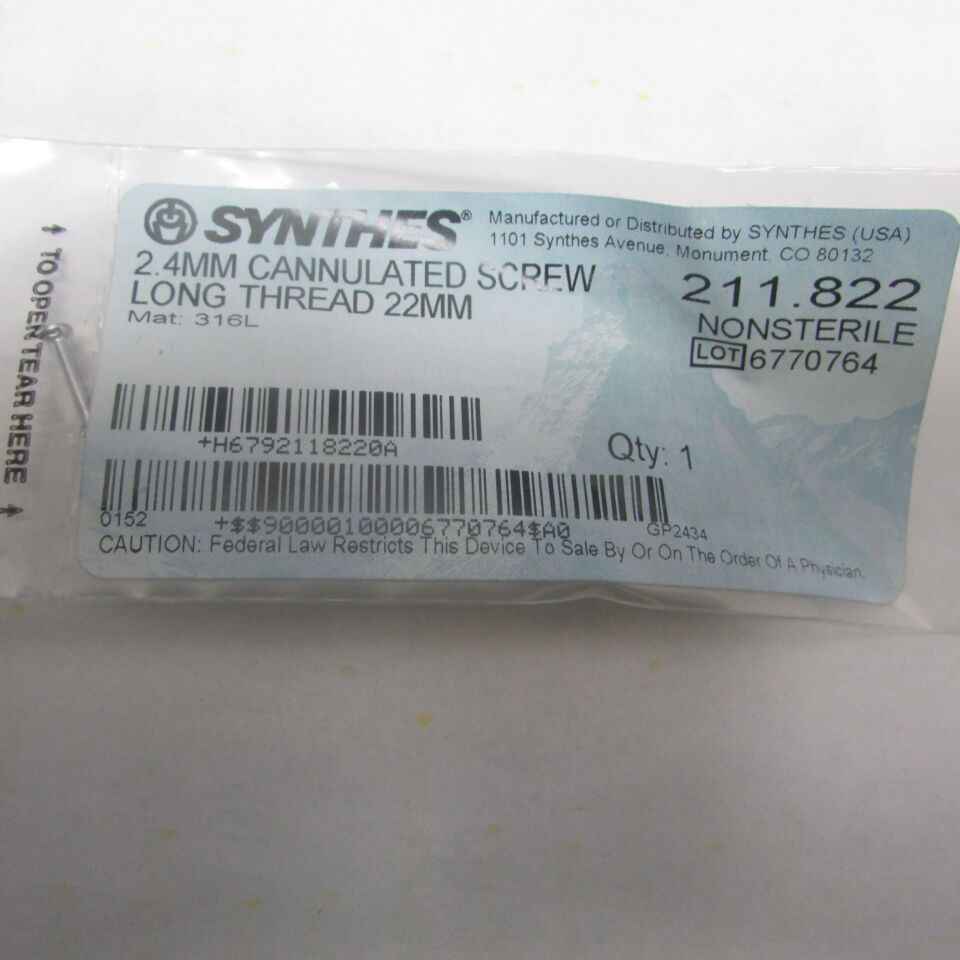 211.822 - SYNTHES - 3.5mm cortex screw self-tapping 22mm, () - ( Expiry Date: EACH )