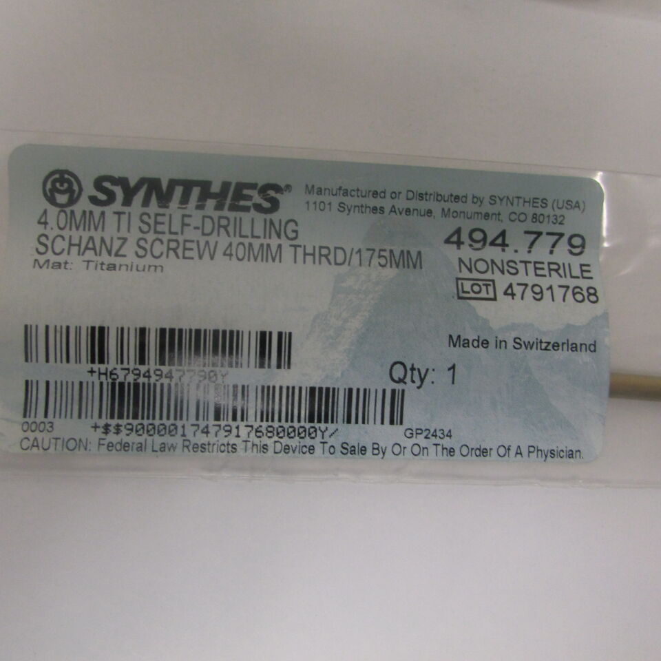 494.779 - SYNTHES - 4.0mm ti self-drilling schanz screw 40mm thrd/175mm, () - ( Expiry Date: EACH )