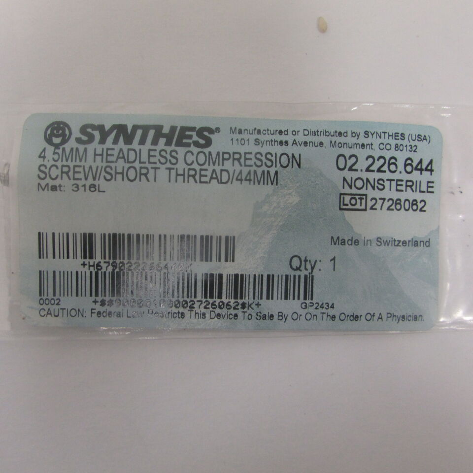 02.226.644 - SYNTHES - 4.5mm headless compression screw/short thread/44mm, () - ( Expiry Date: EACH )