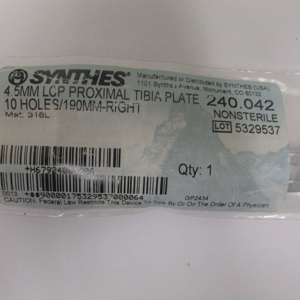 240.042 - SYNTHES - 4.5mm lcp proximal tibia plate 10 holes/190mm-right, () - ( Expiry Date: EACH )