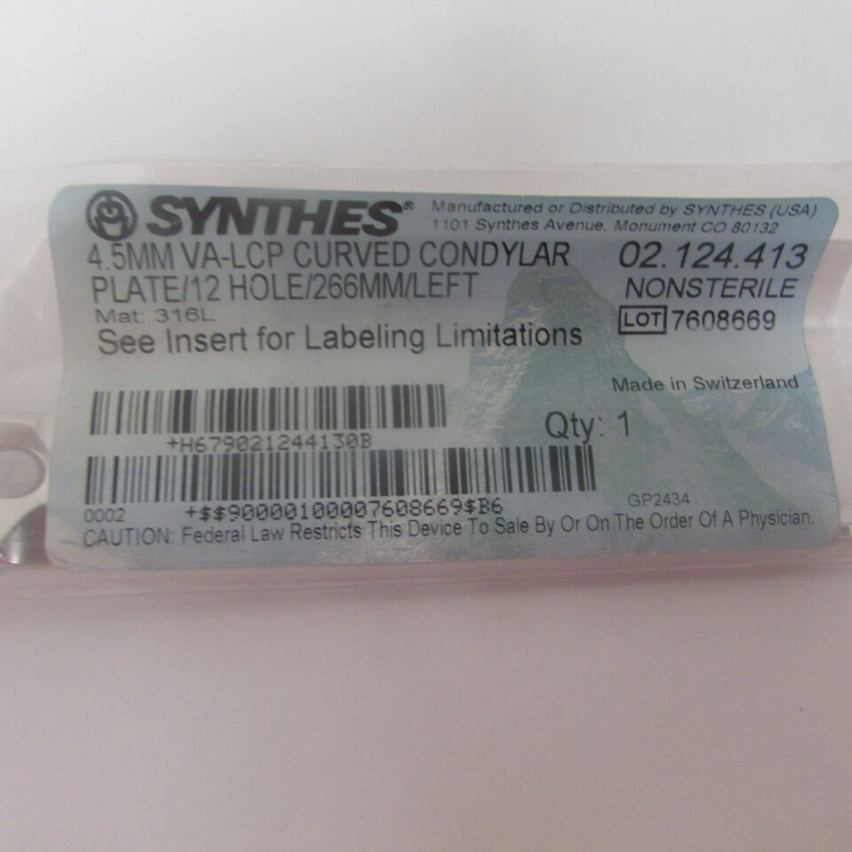 02.124.413 - SYNTHES - 4.5mm va-lcp curved condylar plate/12 hole/266mm/left , () - ( Expiry Date: EACH )