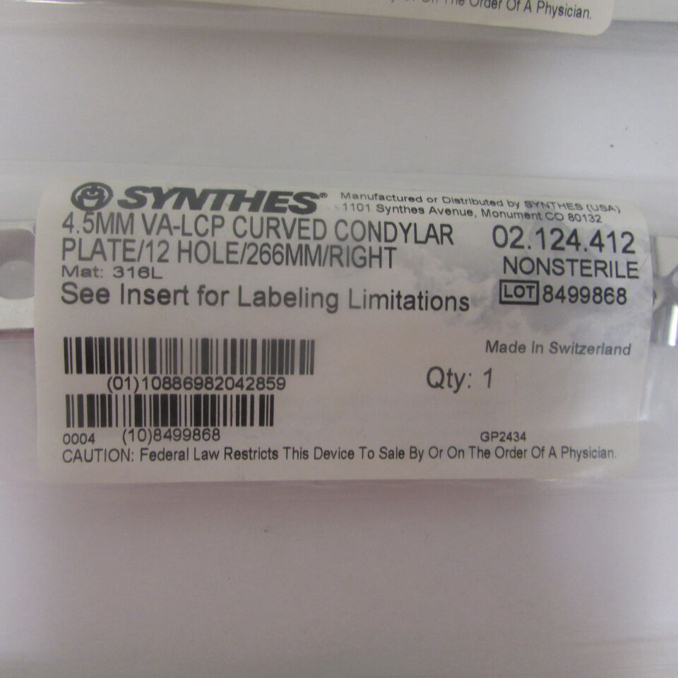 02.124.412 - SYNTHES - 4.5mm va-lcp curved condylar plate/12 hole/266mm/right , () - ( Expiry Date: EACH )