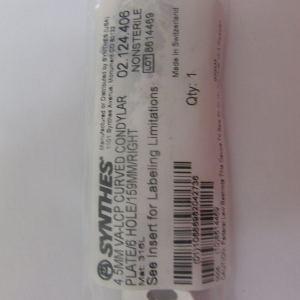 02.124.406 - SYNTHES - 4.5mm va-lcp curved condylar plate/6 hole/159mm/right , () - ( Expiry Date: EACH )