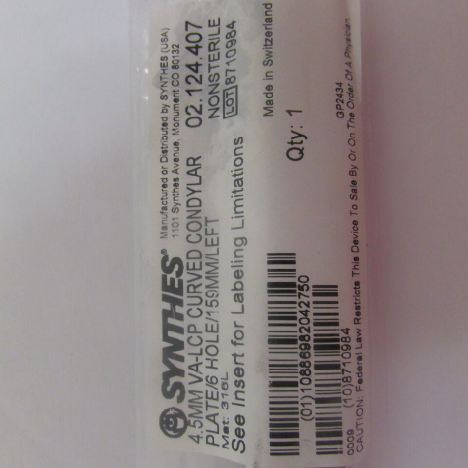 02.124.407 - SYNTHES - 4.5mm va-lcp curved condylar plate/6hole/159mm/left , () - ( Expiry Date: EACH )