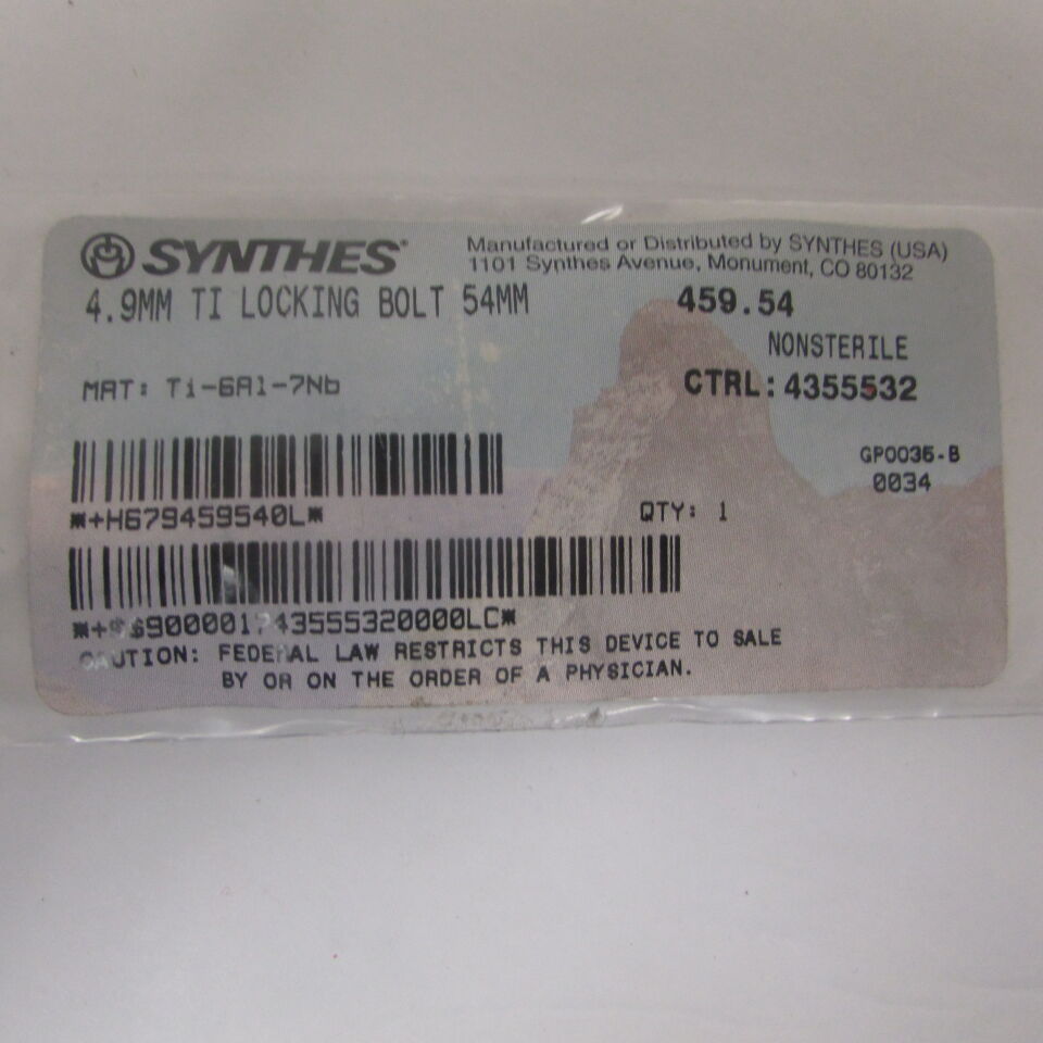 459.54 - SYNTHES - 4.9mm ti locking bolt 54mm, () - ( Expiry Date: EACH )
