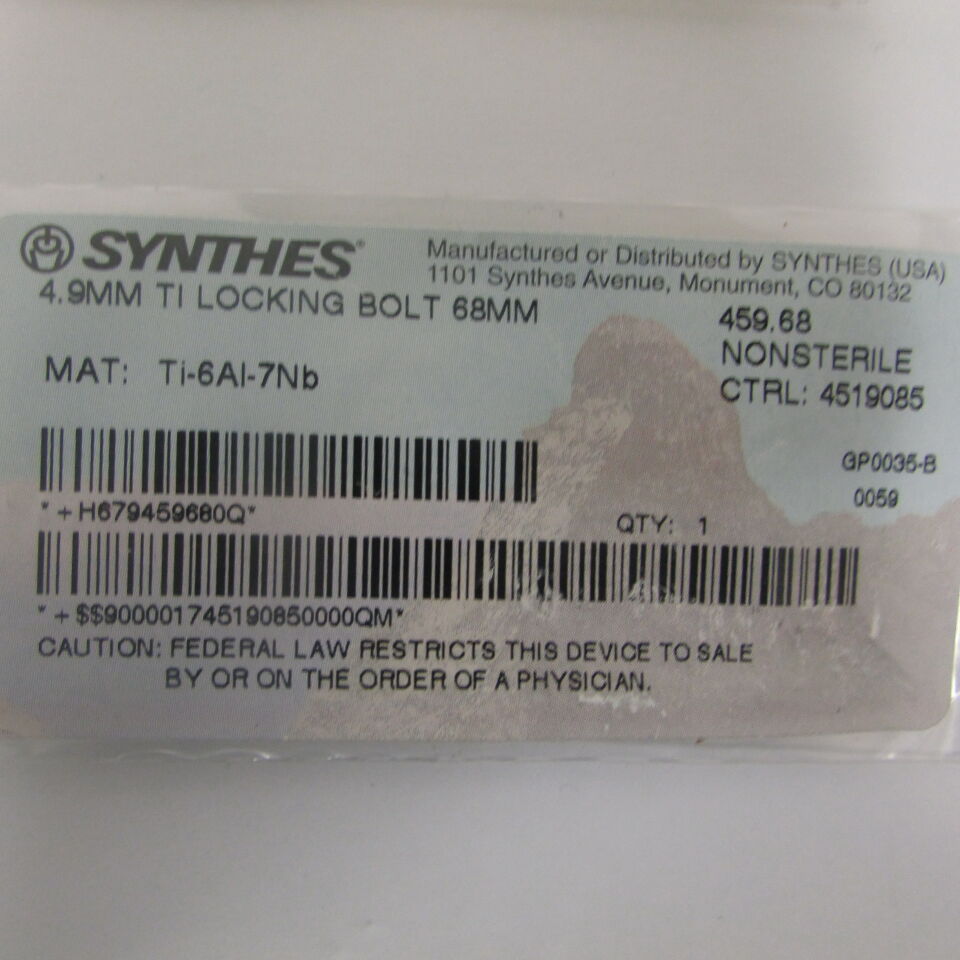 459.68 - SYNTHES - 4.9mm ti locking bolt 68mm, () - ( Expiry Date: EACH )