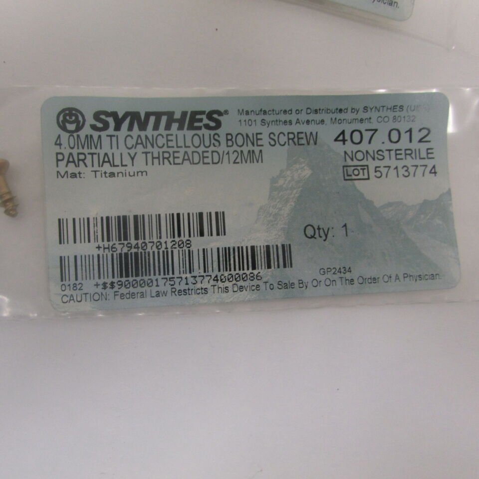 407.012 - SYNTHES - 4mm ti cancellous bone screw partially threaded 12mm, () - ( Expiry Date: EACH )