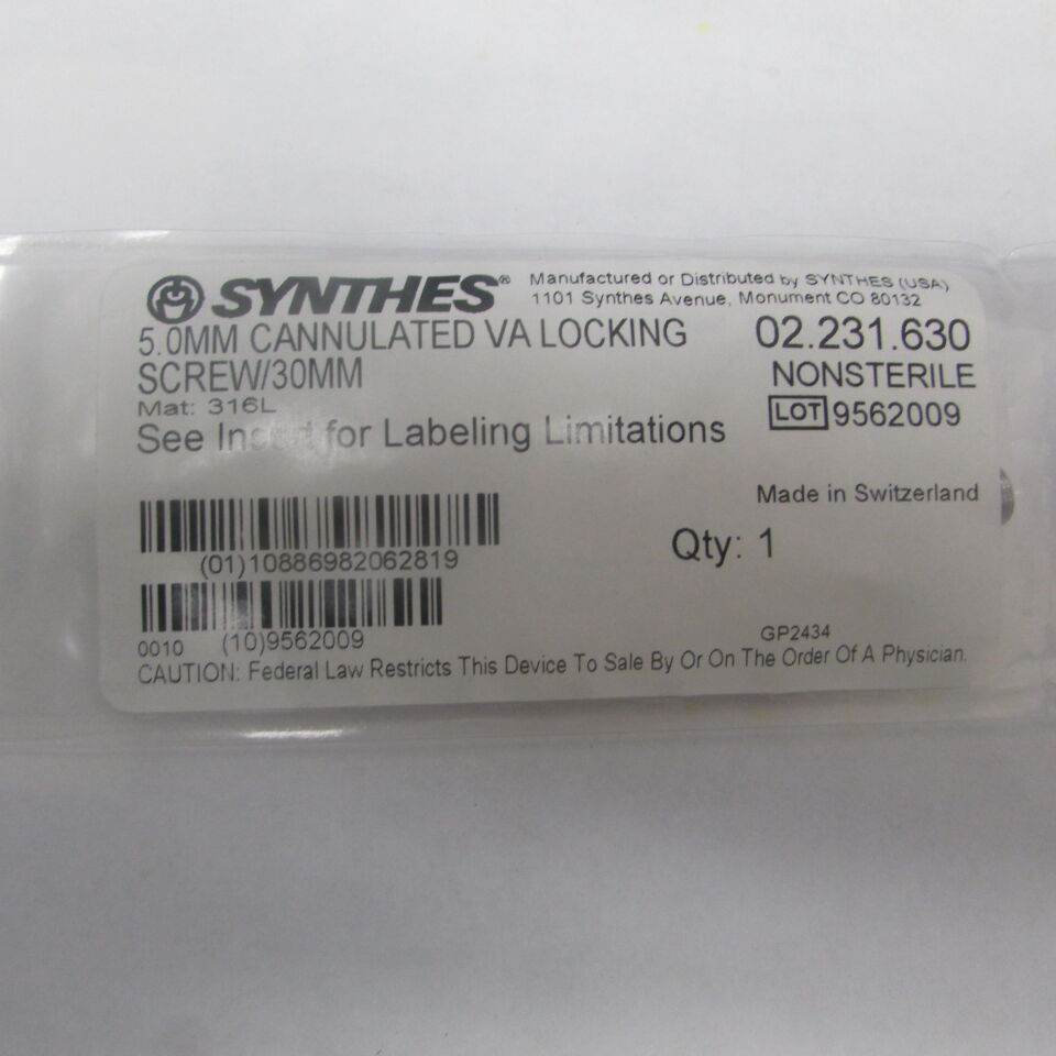 02.231.630 - SYNTHES - 5.0mm cannualted va lockng screw/30mm, () - ( Expiry Date: EACH )