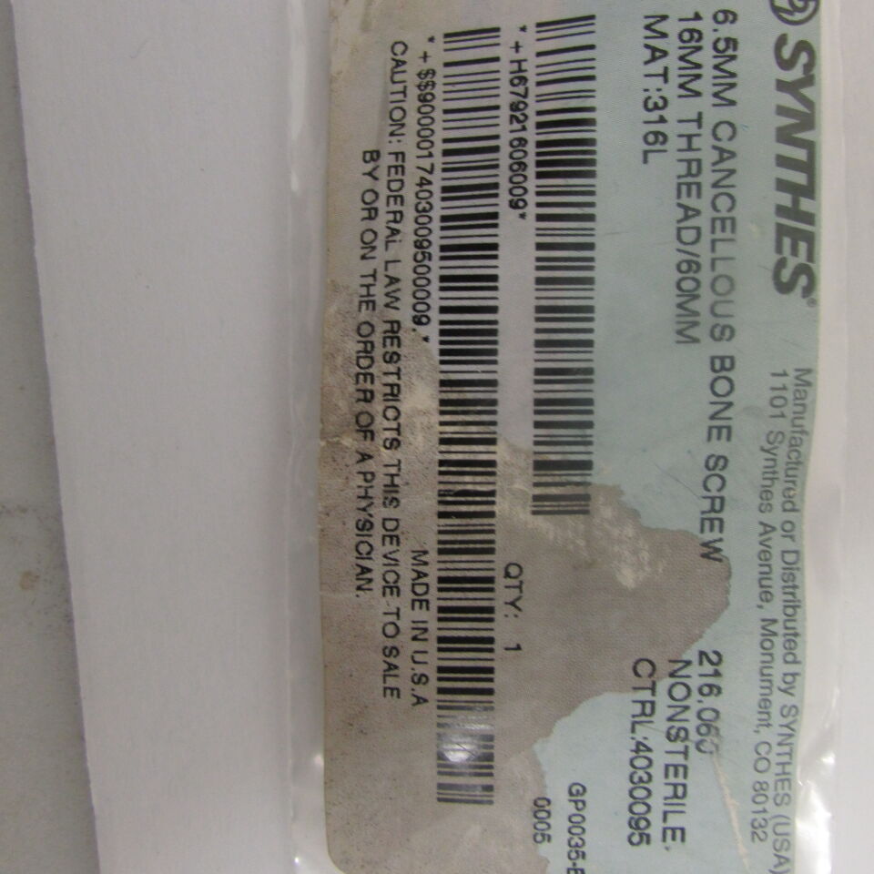 216.06 - SYNTHES - 6.5mm cancellous bone screw 16mm thread/60mm, () - ( Expiry Date: EACH )