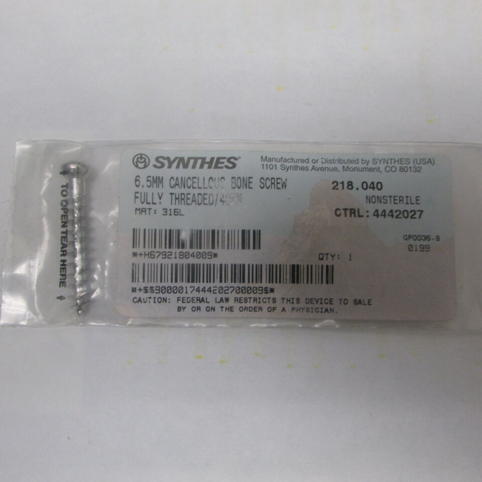 218.04 - SYNTHES - 6.5mm cancellous bone screw fully threaded / 40mm, () - ( Expiry Date: EACH )