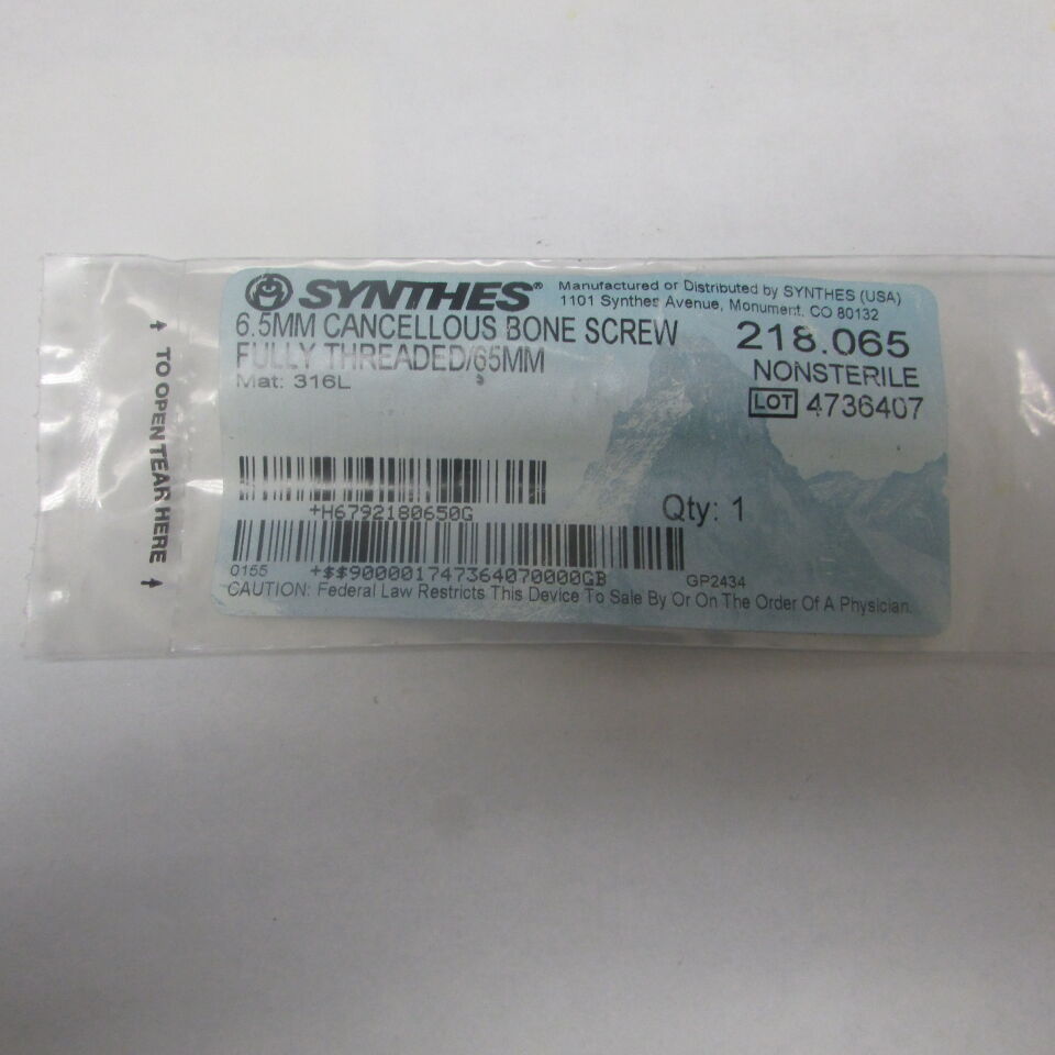 218.065 - SYNTHES - 6.5mm cancellous bone screw fully threaded / 65mm, () - ( Expiry Date: EACH )