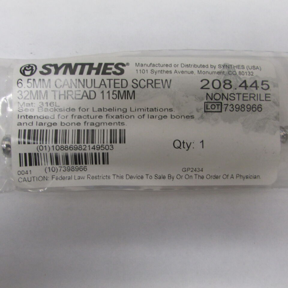 208.445 - SYNTHES - 6.5mm cannulated screw 32mm thread 115mm, () - ( Expiry Date: EACH )