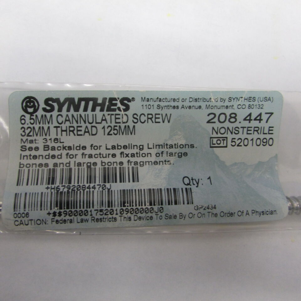 208.447 - SYNTHES - 6.5mm cannulated screw 32mm thread 125mm, () - ( Expiry Date: EACH )