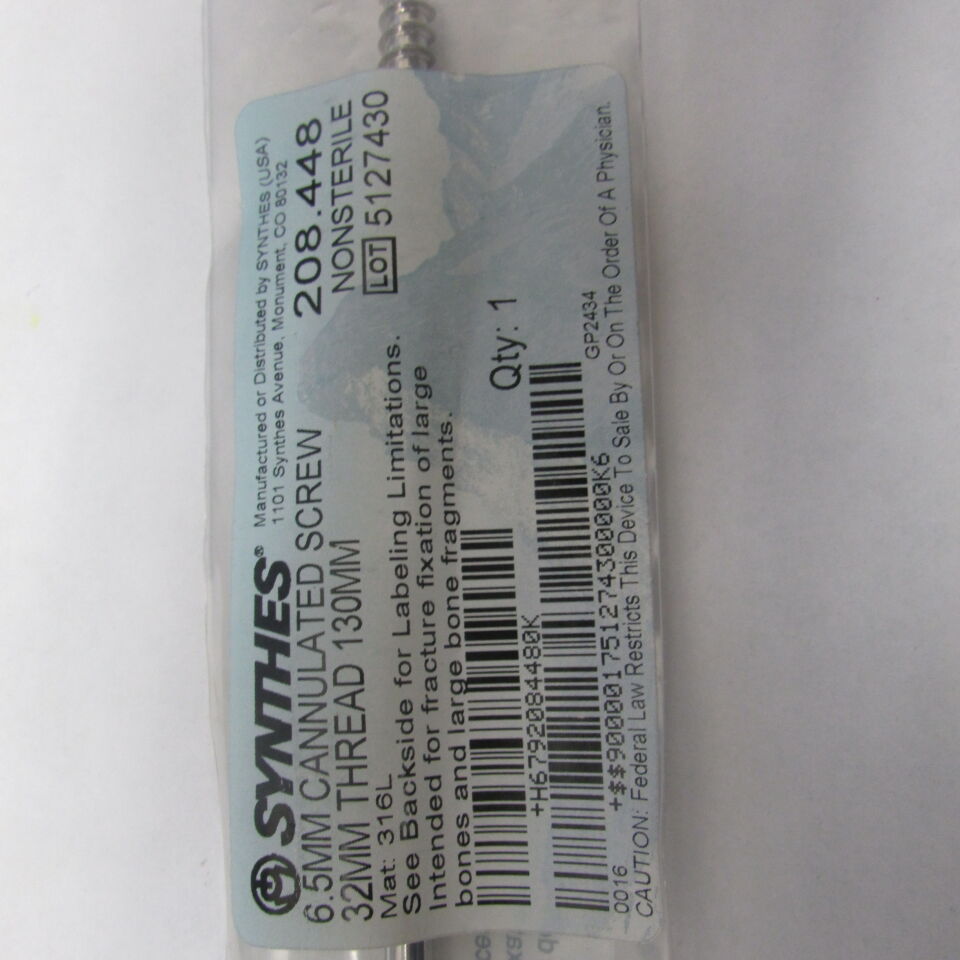 208.448 - SYNTHES - 6.5mm cannulated screw, 32mm thread, 130mm, () - ( Expiry Date: EACH )