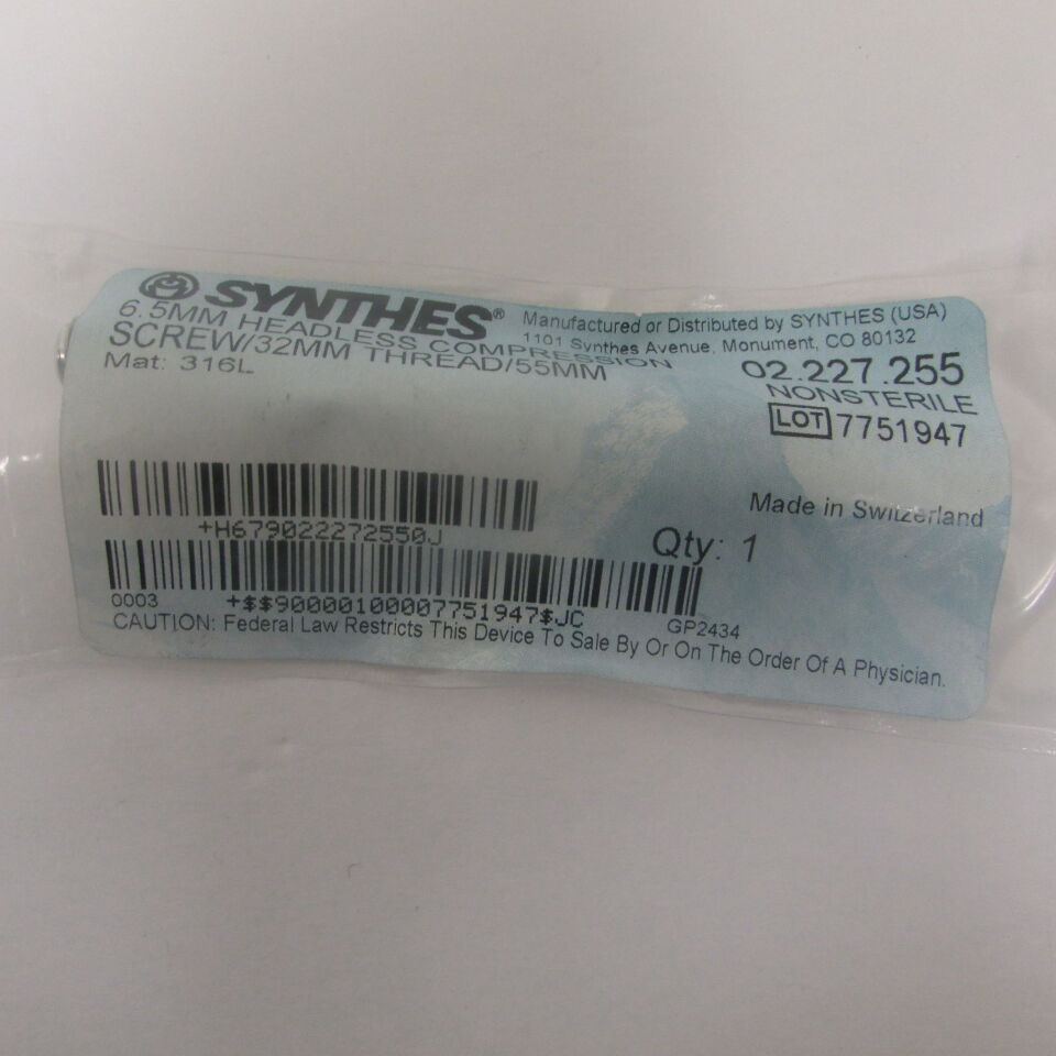 02.227.255 - SYNTHES - 6.5mm headless compression screw/32mm thread/55mm, () - ( Expiry Date: EACH )