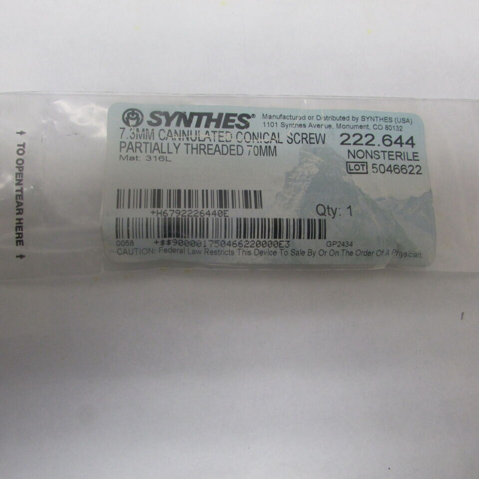 222.644 - SYNTHES - 7.3 cannulated conical screw partially threaded 70mm, () - ( Expiry Date: EACH )