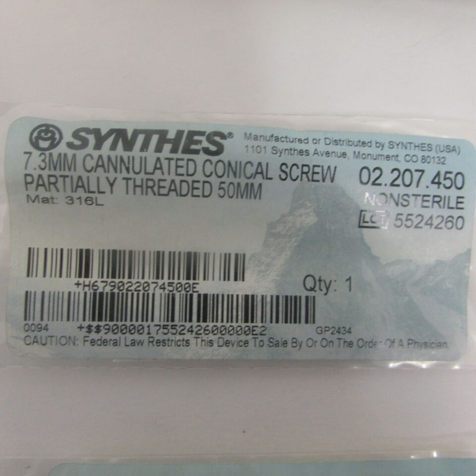 02.207.450 - SYNTHES - 7.3mm cannulated conical screw partially threaded 50mm, () - ( Expiry Date: EACH )