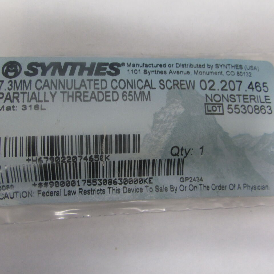 02.207.465 - SYNTHES - 7.3mm cannulated conical screw partially threaded 65mm, () - ( Expiry Date: EACH )