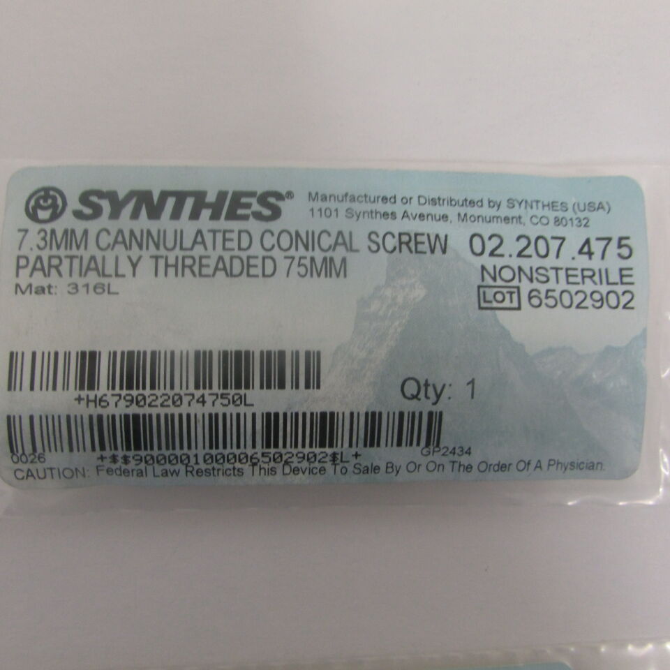 02.207.475 - SYNTHES - 7.3mm cannulated conical screw partially threaded 75mm, () - ( Expiry Date: EACH )