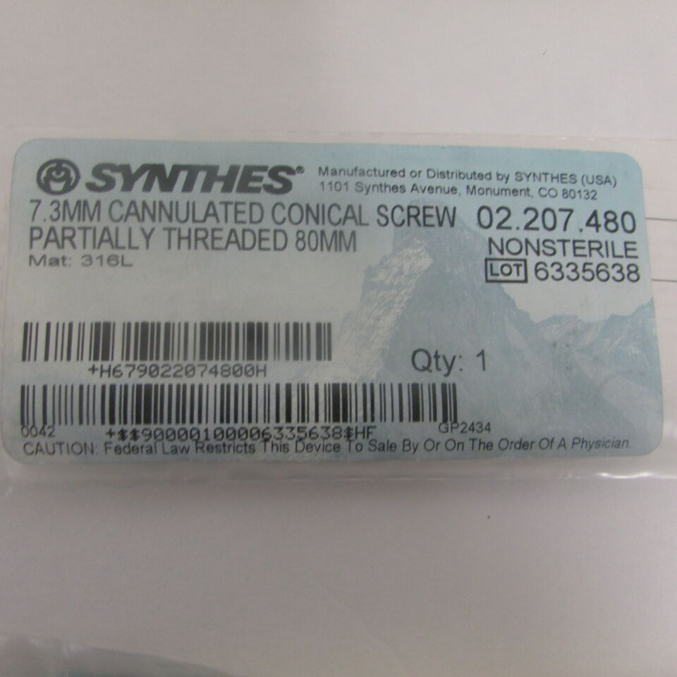 02.207.480 - SYNTHES - 7.3mm cannulated conical screw partially threaded 80mm, () - ( Expiry Date: EACH )
