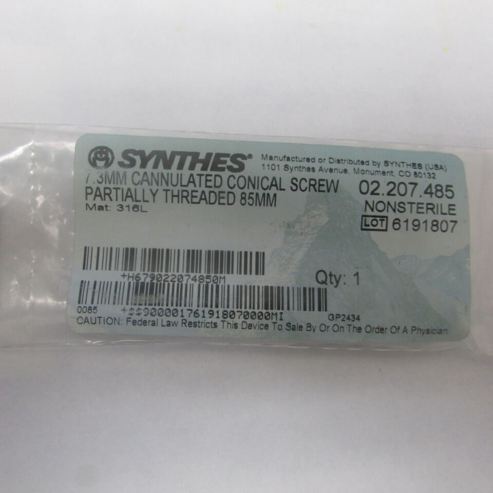 02.207.485 - SYNTHES - 7.3mm cannulated conical screw partially threaded 85mm, () - ( Expiry Date: EACH )