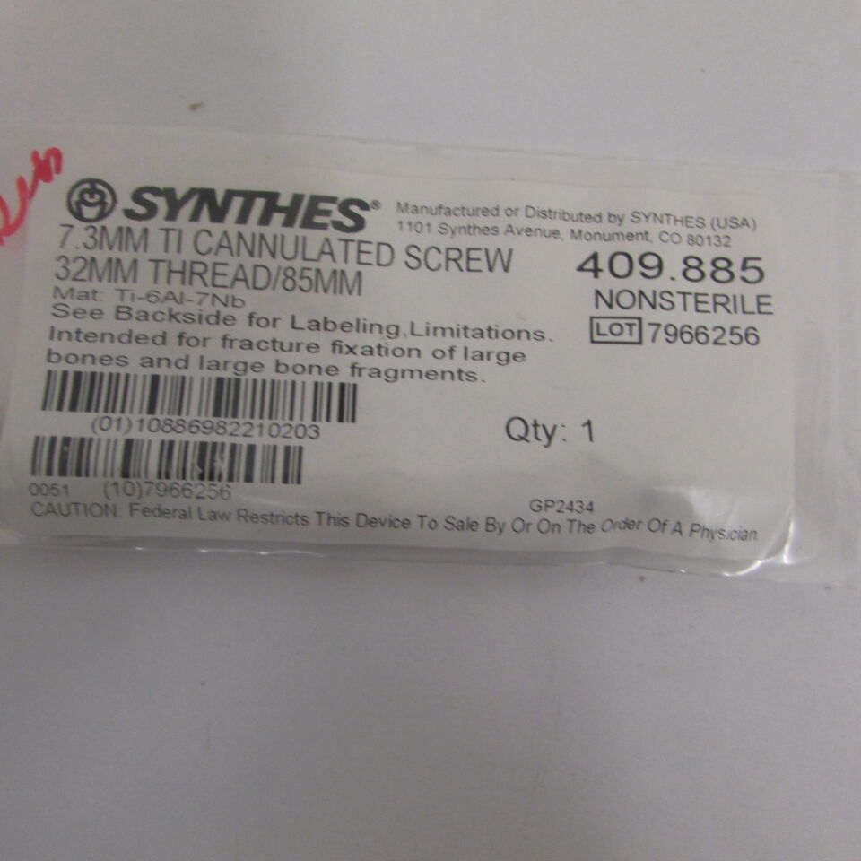 409.885 - SYNTHES - 7.3mm ti cannulated screw 32mm thread/85mm, () - ( Expiry Date: EACH )