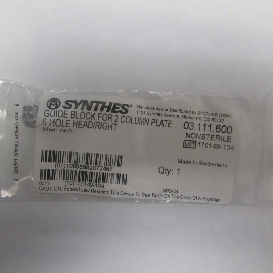 03.111.600 - SYNTHES - guide block for 2 column plate 6 hole head/right , () - ( Expiry Date: EACH )