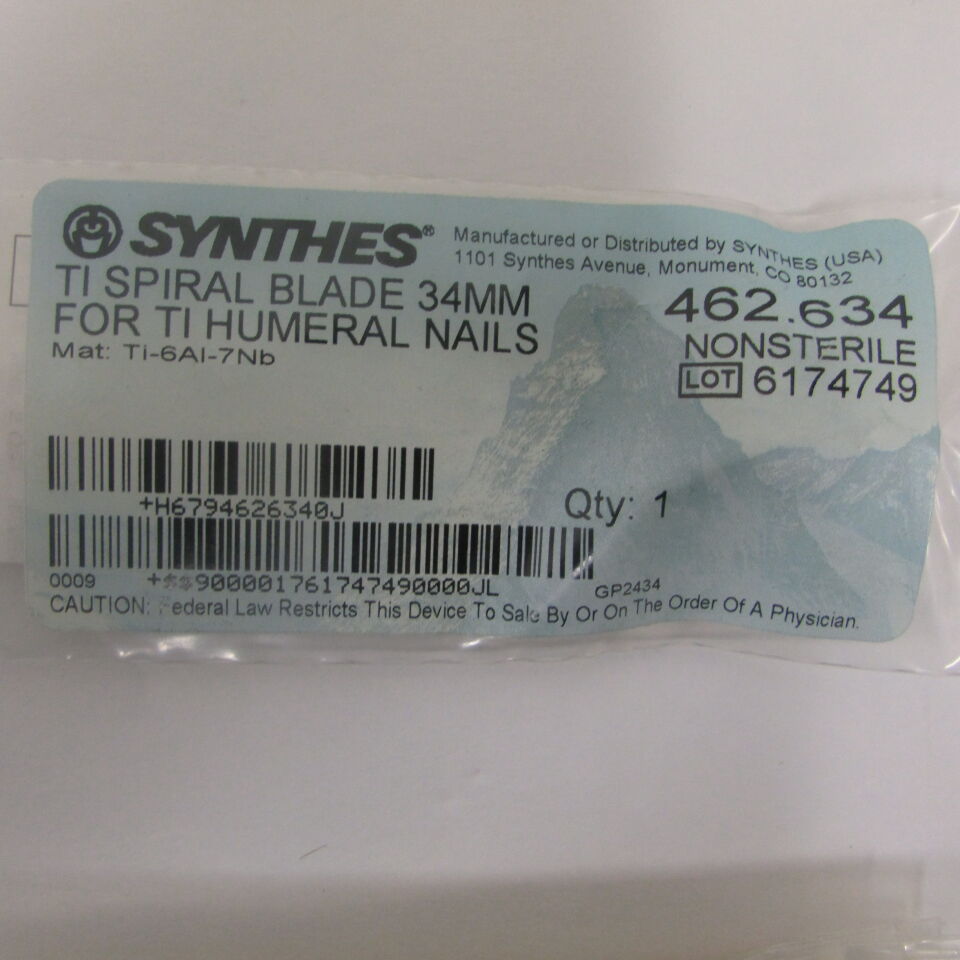 462.634 - SYNTHES - ti spiral blade 34mm for ti humeral nails, () - ( Expiry Date: EACH )