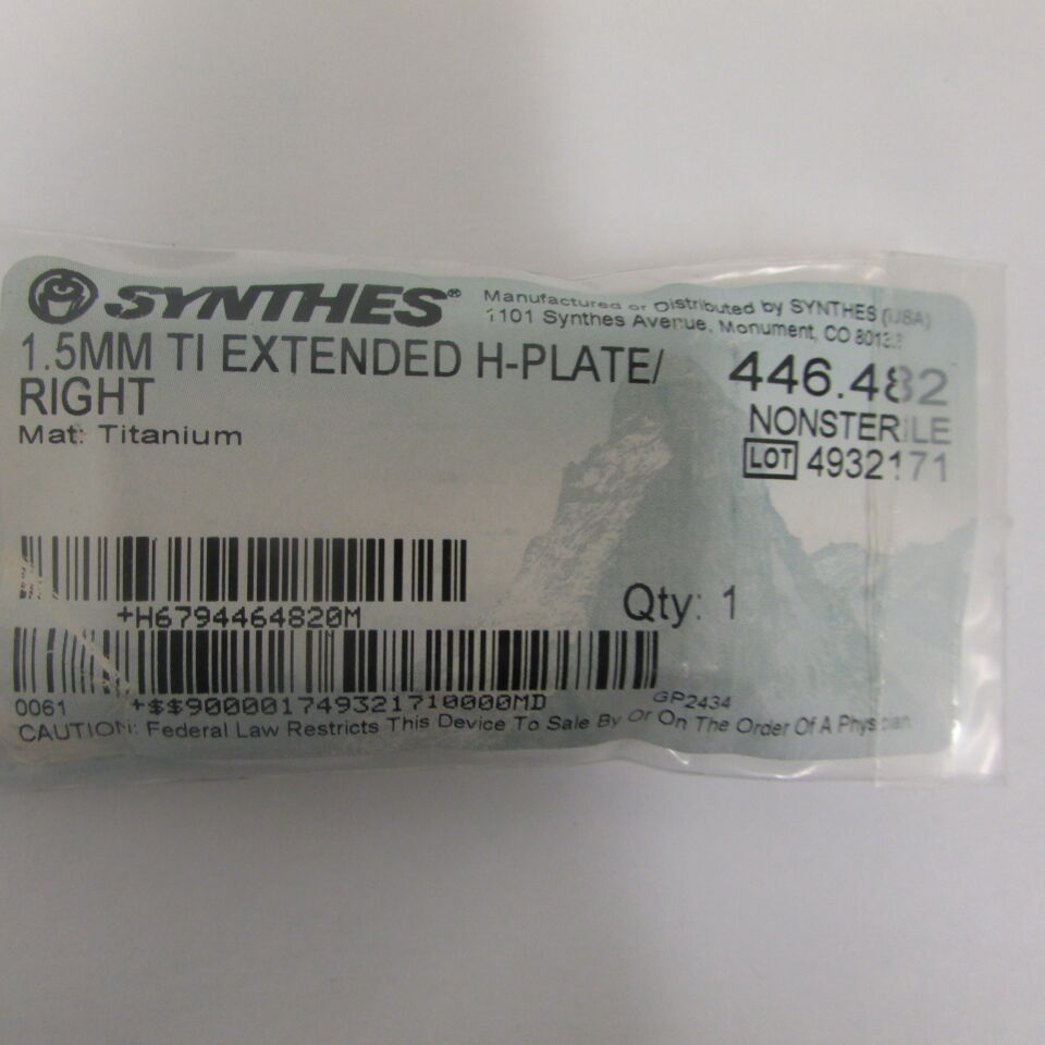 446.482 - SYNTHES - 1.5mm ti extended h-plate/right, () - ( Expiry Date: EACH )