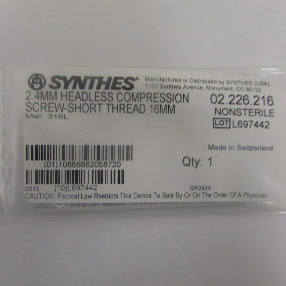 02.226.216 - SYNTHES - 2.4mm headless compression screw-short thread 16mm, () - ( Expiry Date: EACH )