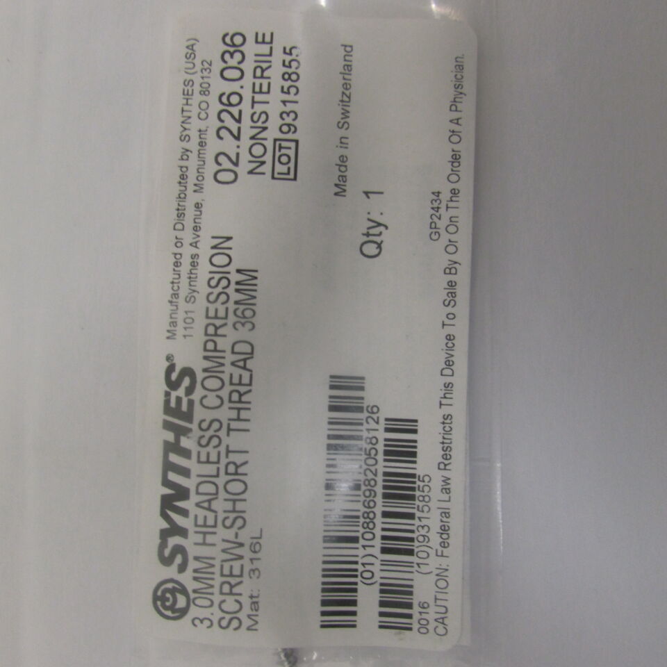 02.226.036 - SYNTHES - 3.0mm headless compression screw-short thread 36mm, () - ( Expiry Date: EACH )