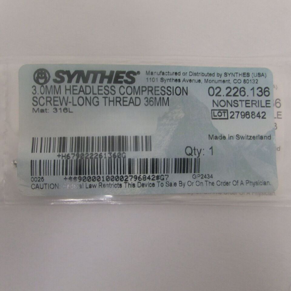02.226.136 - SYNTHES - 3.0mm headless compression screwlong thread 36mm, () - ( Expiry Date: EACH )