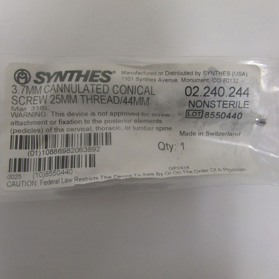 02.240.244 - SYNTHES - 3.7mm cannulated conical screw 25mm thread/44mm, () - ( Expiry Date: EACH )